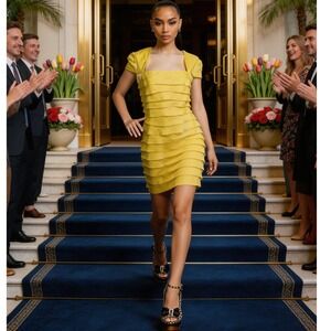 London Times Women's Fairycore Chifon Yellow Tiered Ruffle Cocktail Dress Size 8